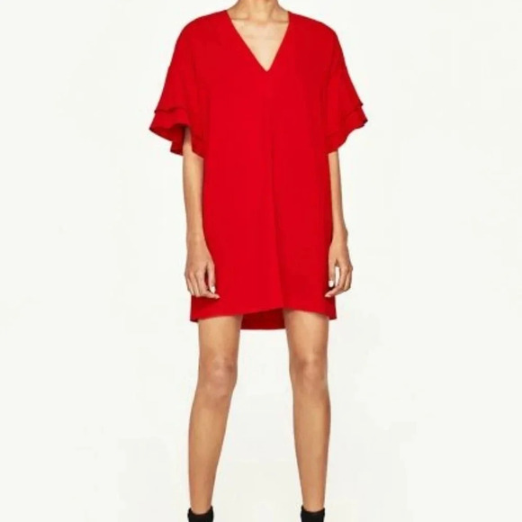 Zara Dresses & Skirts - Zara Flowy Red Short Sleeve Dress Size Large Summer Party
